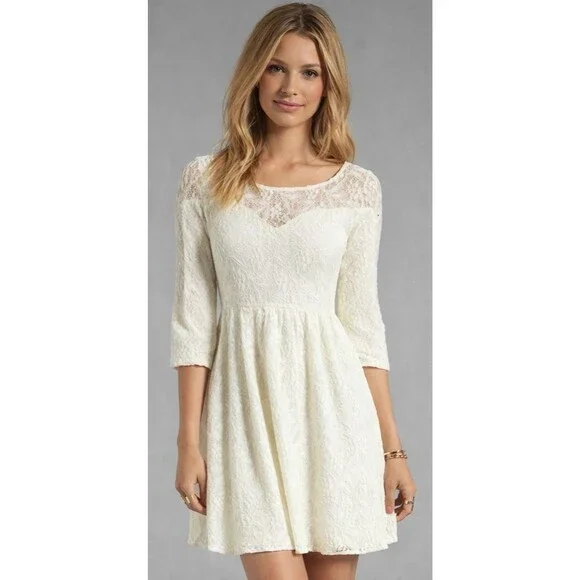 Free People Cream Lace Skater Mini Dress 3/4 Sleeve Bridal Shower Wedding M - Picture 3 of 14